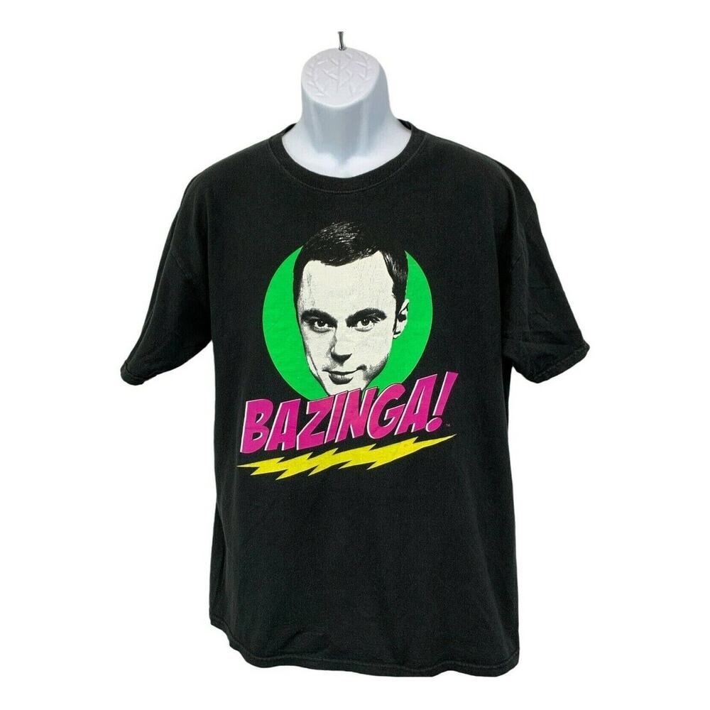 The Big Bang Theory Mens T Shirt Large Bazinga! Print Black Sheldon Crew Neck